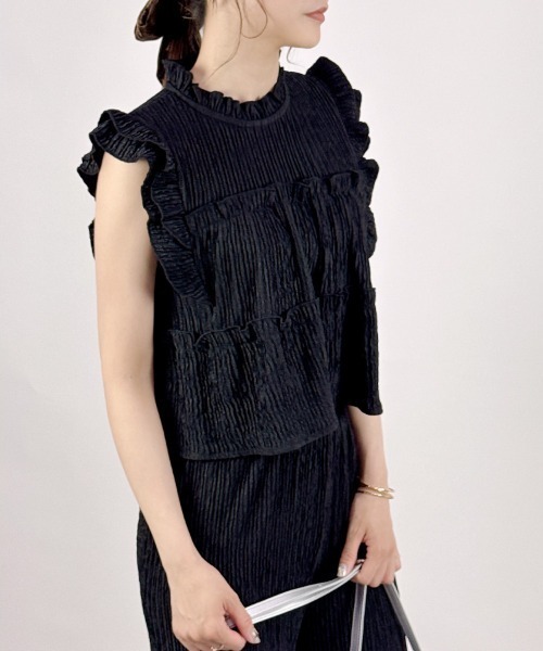 CLOTHY(クロシィ)の「【楽して洒落る、大人のセットアップ】ジャガードセットアップ(ノースリ)(セットアップ・レディース・ブラック/アイボリー/イエロー/ベージュ・MEDIUM)」の5枚目の写真