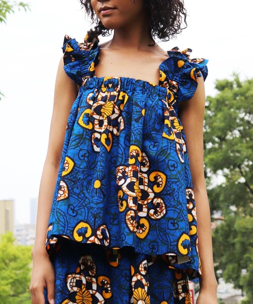 <moyan ecri>アフリカンファブリック使用フリルキャミSHOULDER FRILL CAMI BUSTIER