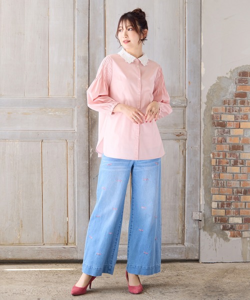 人気デザイン】【手洗いOK】リボン刺繍ワイドデニム（デニムパンツ