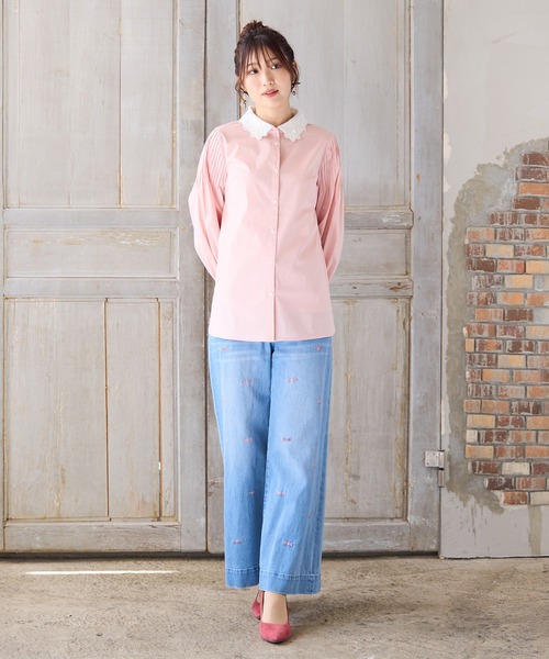 人気デザイン】【手洗いOK】リボン刺繍ワイドデニム（デニムパンツ