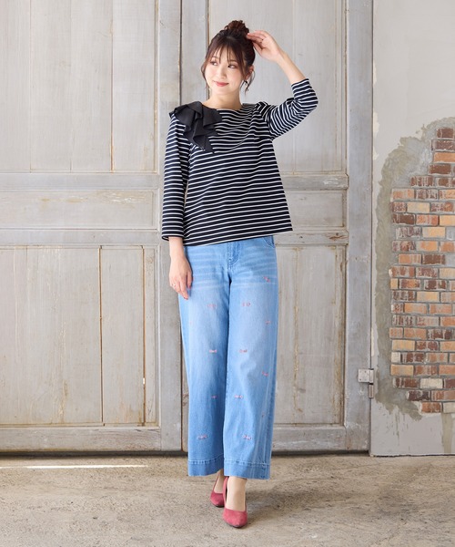 人気デザイン】【手洗いOK】リボン刺繍ワイドデニム（デニムパンツ