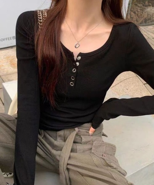 yuue' ( wear )(ユーイ)の「ヘンリーネックリブロングTシャツ(Tシャツ/カットソー・レディース・ホワイト/ライトグレー/ブラック・FREE)」の15枚目の写真