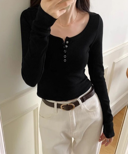 yuue' ( wear )(ユーイ)の「ヘンリーネックリブロングTシャツ(Tシャツ/カットソー・レディース・ホワイト/ライトグレー/ブラック・FREE)」の12枚目の写真