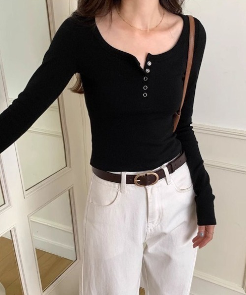 yuue' ( wear )(ユーイ)の「ヘンリーネックリブロングTシャツ(Tシャツ/カットソー・レディース・ホワイト/ライトグレー/ブラック・FREE)」の13枚目の写真