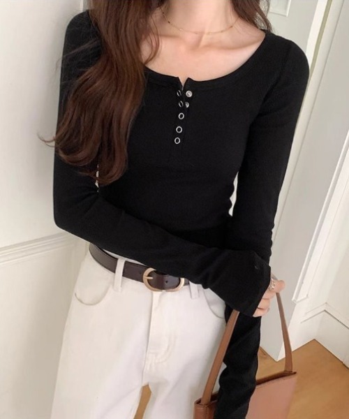 yuue' ( wear )(ユーイ)の「ヘンリーネックリブロングTシャツ(Tシャツ/カットソー・レディース・ホワイト/ライトグレー/ブラック・FREE)」の10枚目の写真
