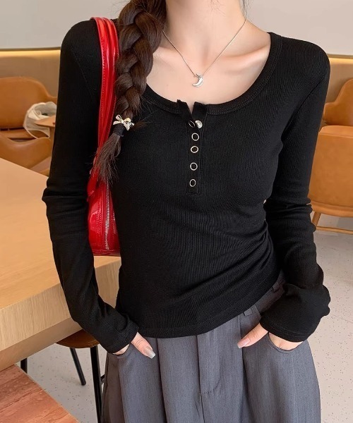 yuue' ( wear )(ユーイ)の「ヘンリーネックリブロングTシャツ(Tシャツ/カットソー・レディース・ホワイト/ライトグレー/ブラック・FREE)」の14枚目の写真