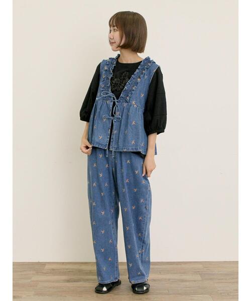 Samansa Mos2（サマンサ モスモス）の「【S/M/Lサイズ】刺繍デニム/ヒッコリーカーブパンツ（その他パンツ・レディース・ネイビー/ブラック/オフホワイト/ブルー・S/L/M）」の15枚目の写真