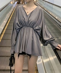 ブラウス パフスリーブ シャツトップス ロングシャツ ボリューム袖 Vネック シャツワンピース