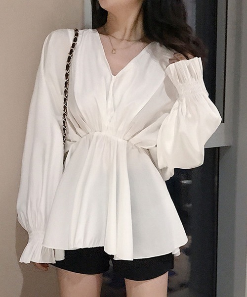 shoppinggo（ショッピングゴー）の「ブラウス パフスリーブ シャツトップス ロングシャツ  ボリューム袖 Vネック シャツワンピース（シャツ/ブラウス・レディース・グレー/ブラック/ホワイト・M/L）」の2枚目の写真
