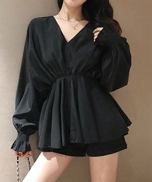 ブラウス パフスリーブ シャツトップス ロングシャツ  ボリューム袖 Vネック シャツワンピース