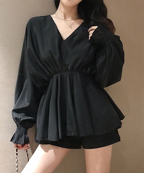 shoppinggo（ショッピングゴー）の「ブラウス パフスリーブ シャツトップス ロングシャツ  ボリューム袖 Vネック シャツワンピース（シャツ/ブラウス・レディース・グレー/ブラック/ホワイト・M/L）」の3枚目の写真