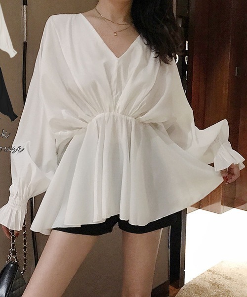 shoppinggo（ショッピングゴー）の「ブラウス パフスリーブ シャツトップス ロングシャツ  ボリューム袖 Vネック シャツワンピース（シャツ/ブラウス・レディース・グレー/ブラック/ホワイト・M/L）」の4枚目の写真
