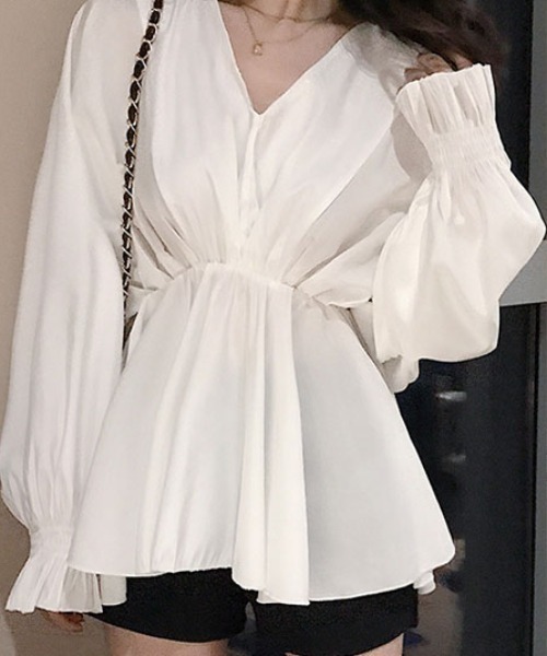 shoppinggo（ショッピングゴー）の「ブラウス パフスリーブ シャツトップス ロングシャツ  ボリューム袖 Vネック シャツワンピース（シャツ/ブラウス・レディース・グレー/ブラック/ホワイト・M/L）」の5枚目の写真