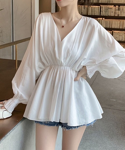 shoppinggo（ショッピングゴー）の「ブラウス パフスリーブ シャツトップス ロングシャツ  ボリューム袖 Vネック シャツワンピース（シャツ/ブラウス・レディース・グレー/ブラック/ホワイト・M/L）」の6枚目の写真