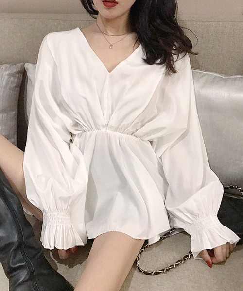 shoppinggo（ショッピングゴー）の「ブラウス パフスリーブ シャツトップス ロングシャツ  ボリューム袖 Vネック シャツワンピース（シャツ/ブラウス・レディース・グレー/ブラック/ホワイト・M/L）」の9枚目の写真