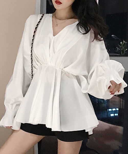 shoppinggo（ショッピングゴー）の「ブラウス パフスリーブ シャツトップス ロングシャツ  ボリューム袖 Vネック シャツワンピース（シャツ/ブラウス・レディース・グレー/ブラック/ホワイト・M/L）」の10枚目の写真
