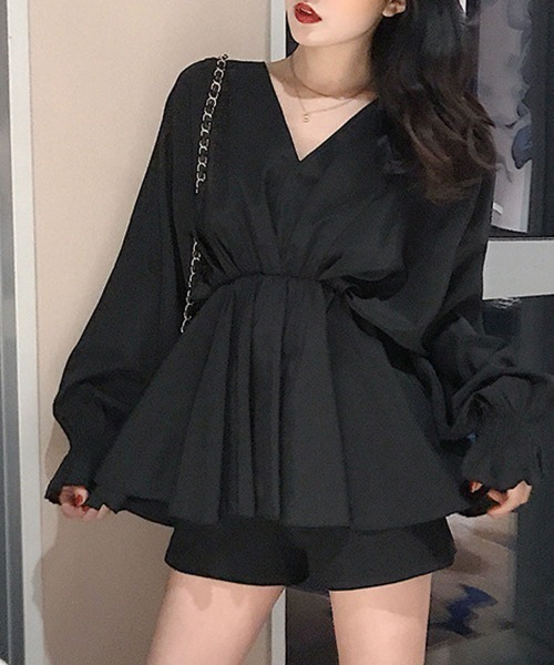 shoppinggo（ショッピングゴー）の「ブラウス パフスリーブ シャツトップス ロングシャツ  ボリューム袖 Vネック シャツワンピース（シャツ/ブラウス・レディース・グレー/ブラック/ホワイト・M/L）」の11枚目の写真