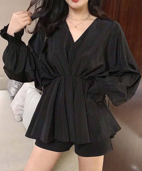 shoppinggo（ショッピングゴー）の「ブラウス パフスリーブ シャツトップス ロングシャツ  ボリューム袖 Vネック シャツワンピース（シャツ/ブラウス・レディース・グレー/ブラック/ホワイト・M/L）」の13枚目の写真