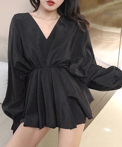 shoppinggo（ショッピングゴー）の「ブラウス パフスリーブ シャツトップス ロングシャツ  ボリューム袖 Vネック シャツワンピース（シャツ/ブラウス・レディース・グレー/ブラック/ホワイト・M/L）」の14枚目の写真