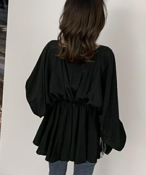 shoppinggo（ショッピングゴー）の「ブラウス パフスリーブ シャツトップス ロングシャツ  ボリューム袖 Vネック シャツワンピース（シャツ/ブラウス・レディース・グレー/ブラック/ホワイト・M/L）」の15枚目の写真
