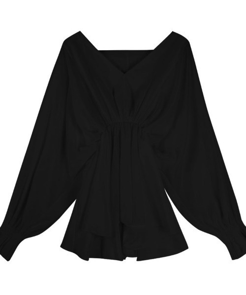 shoppinggo（ショッピングゴー）の「ブラウス パフスリーブ シャツトップス ロングシャツ  ボリューム袖 Vネック シャツワンピース（シャツ/ブラウス・レディース・グレー/ブラック/ホワイト・M/L）」の16枚目の写真