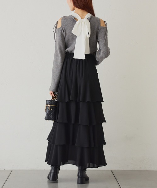 one after another NICE CLAUP(ワンアフターアナザーナイスクラップ)の「ドロストデザインティアードロングスカート(スカート・レディース・ドット/ブラック/アイボリー系・FREE)」の19枚目の写真