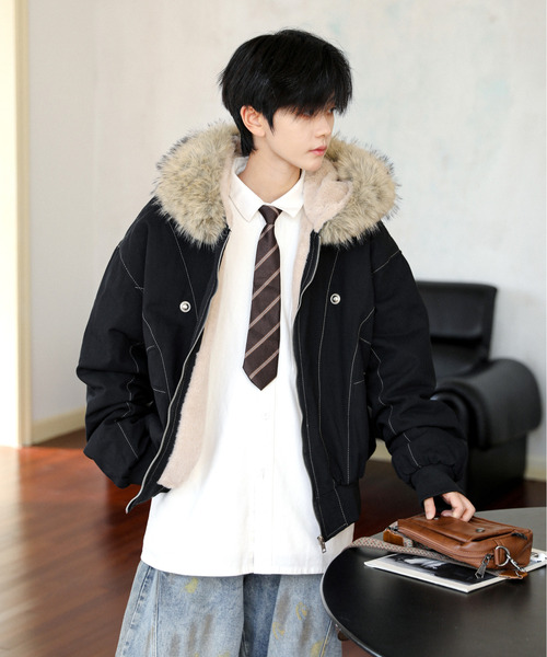 neos(ネオス)の「【neos】ルーズシルエット 襟ファー ボンバー ジップ ジャケット 韓国ファッション ユニセックス 冬アウター(ブルゾン・メンズ・カーキ/ブラック・X-LARGE/LARGE/MEDIUM)」の17枚目の写真