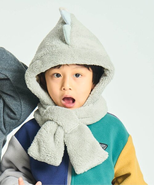 Ampersand(アンパサンド)の「【ジュニア対応】アニマルボアフードマフラー(ニットキャップ/ビーニー・キッズ・アイボリー/ベージュ/ラベンダー/グリーン・120/140/90)」の1枚目の写真