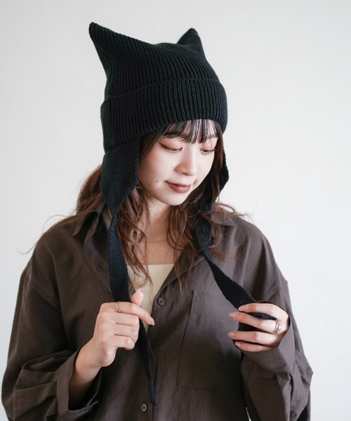 セール】猫耳ニット リブニット ユニセックス（ニットキャップ