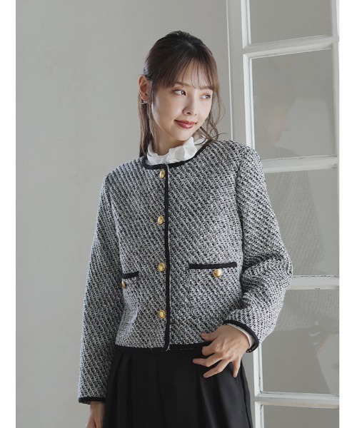 fifth(フィフス)の「ノーカラーツイードジャケット(テーラードジャケット・レディース・ブラック/ブラック×ホワイト/ホワイト・M)」の1枚目の写真