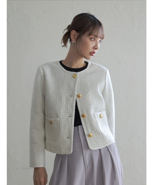 fifth(フィフス)の「ノーカラーツイードジャケット(テーラードジャケット・レディース・ブラック/ブラック×ホワイト/ホワイト・M)」の2枚目の写真