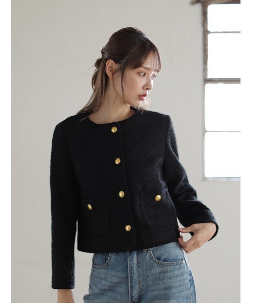 fifth(フィフス)の「ノーカラーツイードジャケット(テーラードジャケット・レディース・ブラック/ブラック×ホワイト/ホワイト・M)」の3枚目の写真