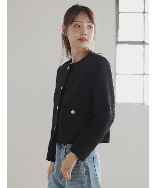 fifth(フィフス)の「ノーカラーツイードジャケット(テーラードジャケット・レディース・ブラック/ブラック×ホワイト/ホワイト・M)」の5枚目の写真