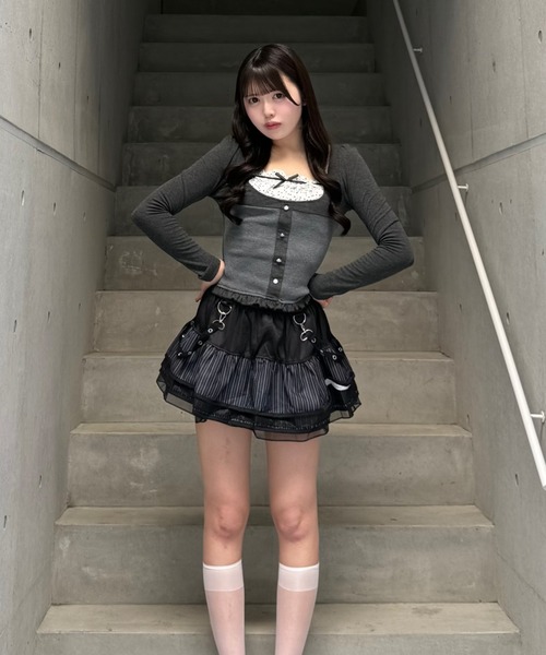 Lae(レイ)の「ドットリボンドッキングトップス(Tシャツ/カットソー・レディース・グレー・SMALL/MEDIUM)」の6枚目の写真