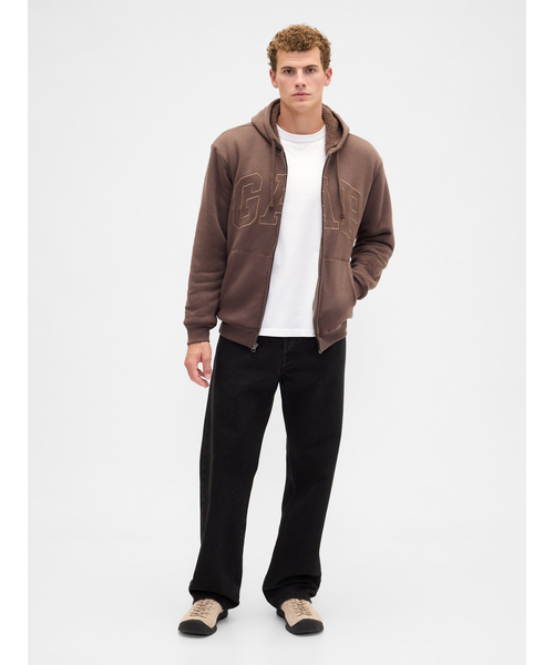 セール】リラックスフィット GAPロゴ 裏ボア ジップアップパーカー