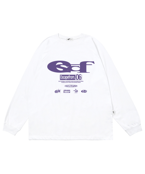 ESCAPEFROM(エスケープフロム)の「パープル ESCF ロゴ コラージュプリント ロングスリーブ ホワイト(Tシャツ/カットソー・レディース・その他・MEDIUM/LARGE/SMALL)」の2枚目の写真