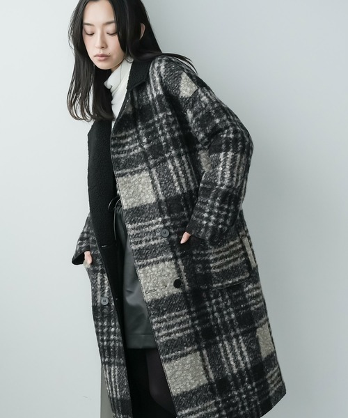 mili an deni（ミリアンデニ）の「リバーシブルチェックボアコート（チェスターコート・レディース・ブラウン/ブラック/ホワイト×ブラック・M）」の2枚目の写真