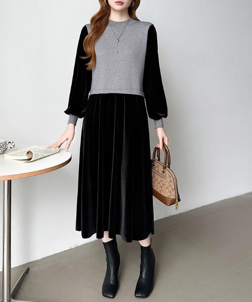 セール】ニットベストドッキングベロアワンピース ベロアワンピース