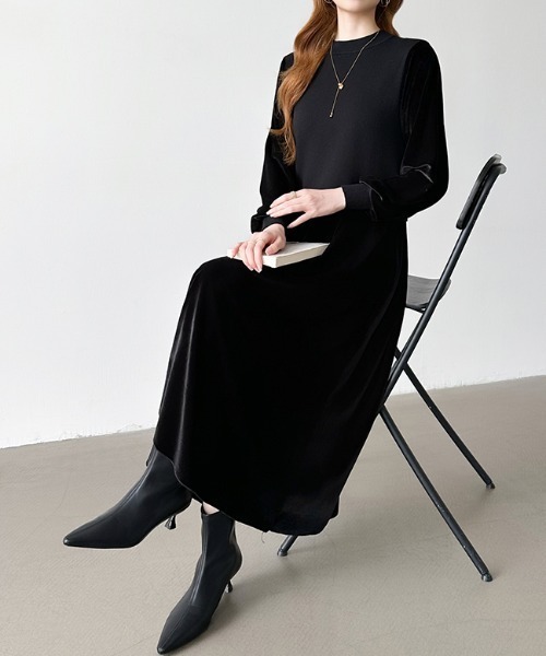 セール】ニットベストドッキングベロアワンピース ベロアワンピース