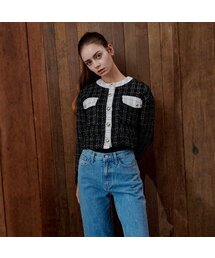 WunderGeist（ワンダーガイスト）の「ツイードアシンメトリーカフスクロップカーディガンブラウス（ブラック）（その他アウター）」