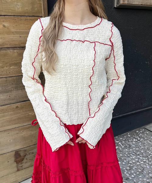 WC（ダブル シー）の「メロウパイピングロンT（Tシャツ/カットソー・レディース・アイボリー/サックスブルー・FREE）」の3枚目の写真