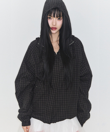 ILLIGO（イリゴ）の「オブリークフリルフードジャケットチェックグリーン（ナイロンジャケット）」