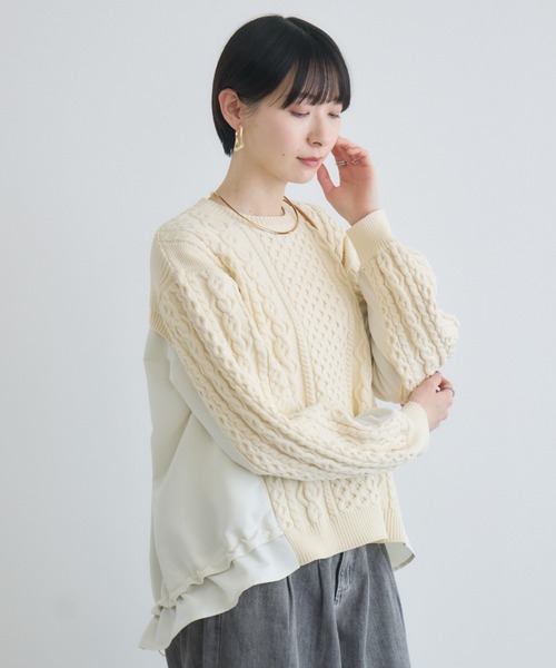 Paradise Picnic(パラダイスピクニック)の「ケーブル柄布帛プルオーバー(ニット/セーター・レディース・ベージュ/チャコールグレー・FREE)」の8枚目の写真