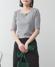 M-4L キーネック コットン5分袖Tシャツ 夏服