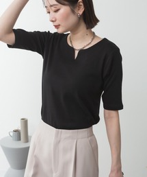 M-4L キーネック コットン5分袖Tシャツ 夏服