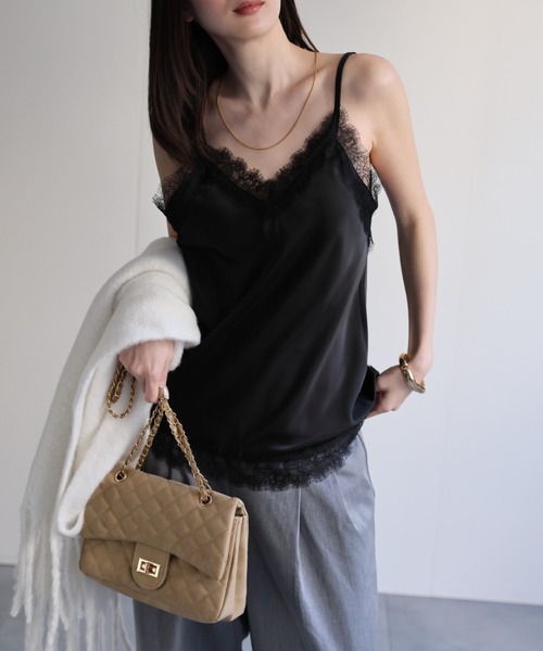 セール】レーストリムサテンキャミソール【動画あり】（キャミソール