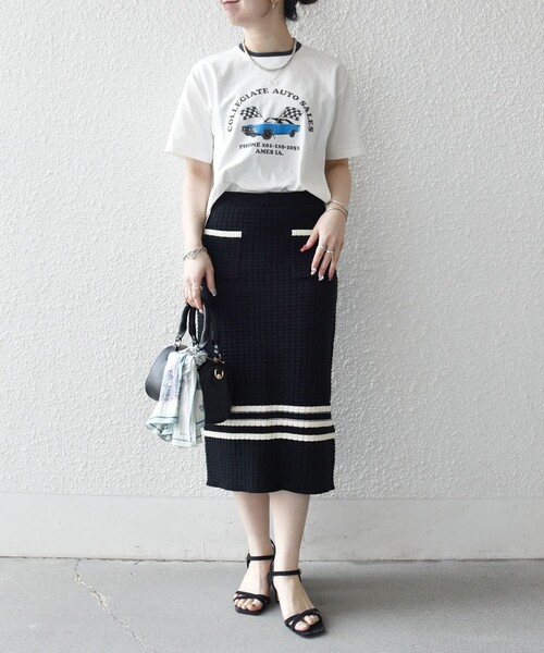 SHIPS any（シップス エニィ）の「SHIPS any:〈手洗い可能〉バスケット編み 配色 ライン タイト スカート（スカート・レディース・オフホワイト/ブラック・ONE SIZE）」の9枚目の写真