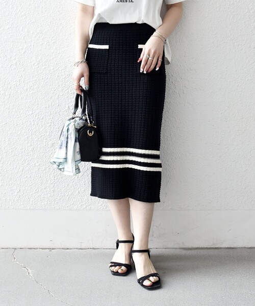 SHIPS any（シップス エニィ）の「SHIPS any:〈手洗い可能〉バスケット編み 配色 ライン タイト スカート（スカート・レディース・オフホワイト/ブラック・ONE SIZE）」の12枚目の写真