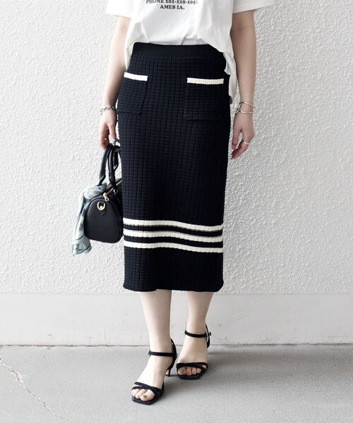 SHIPS any（シップス エニィ）の「SHIPS any:〈手洗い可能〉バスケット編み 配色 ライン タイト スカート（スカート・レディース・オフホワイト/ブラック・ONE SIZE）」の16枚目の写真