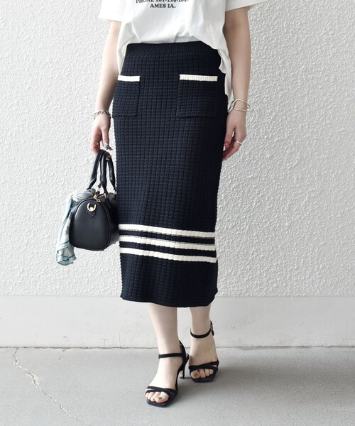 SHIPS any（シップス エニィ）の「SHIPS any:〈手洗い可能〉バスケット編み 配色 ライン タイト スカート（スカート・レディース・オフホワイト/ブラック・ONE SIZE）」の17枚目の写真